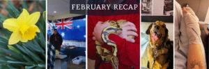 february blog post update, australia, snake, dog, wrist injury